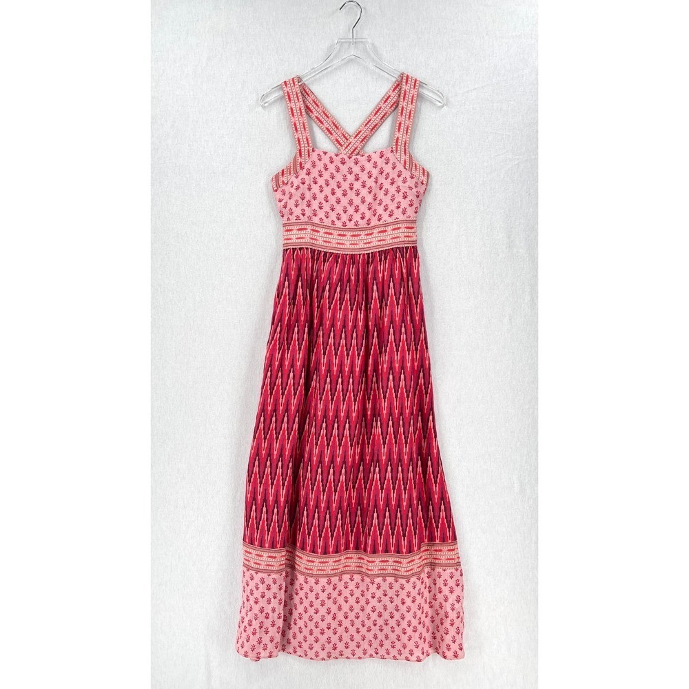 FAHERTY Gracie Linen Maxi Dress Women XS Pink Ikat Print Cotton Sleeveless Boho - Picture 4 of 16